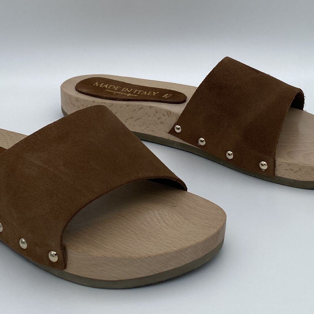 Brown Suede Slide Sandals with Wooden Sole