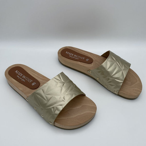 Gold Embossed Slide Sandals with Wooden Sole