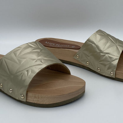 Gold Embossed Slide Sandals with Wooden Sole