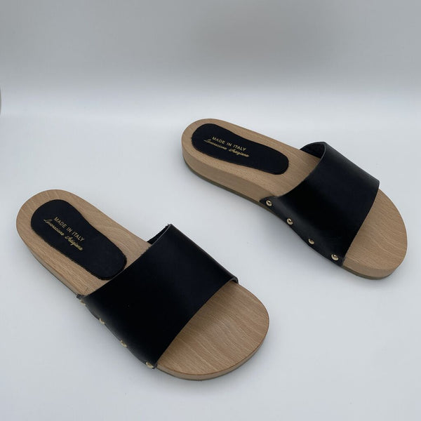 Black Slide Sandals with Wood Sole and Rivet Detail
