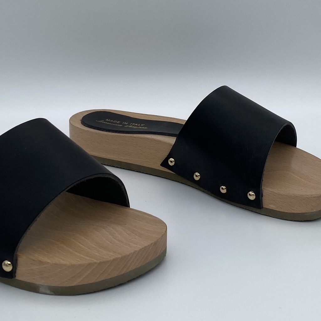 Black Slide Sandals with Wood Sole and Rivet Detail