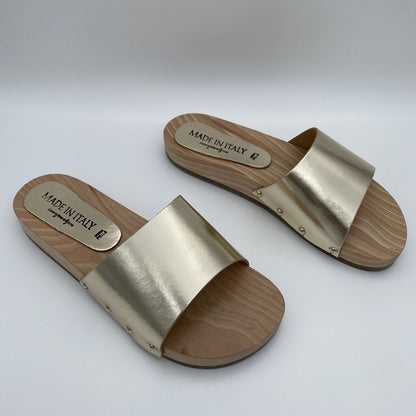 Gold Slide Sandals with Flat Wooden Sole