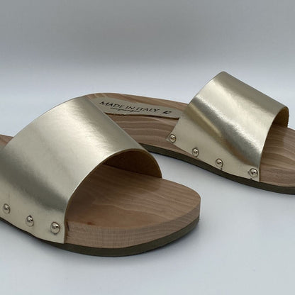 Gold Slide Sandals with Flat Wooden Sole