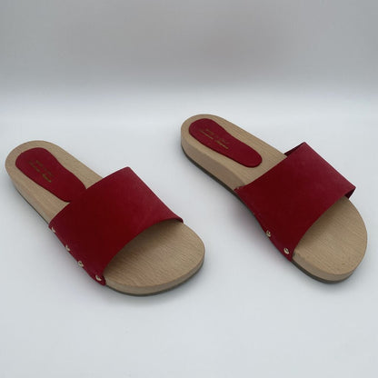 Red Suede Wooden Slide Sandals with Rivet Detail