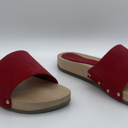Red Suede Wooden Slide Sandals with Rivet Detail