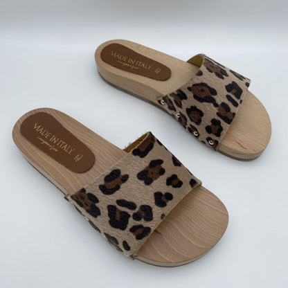 Leopard Print Slide Sandals with Wooden Sole