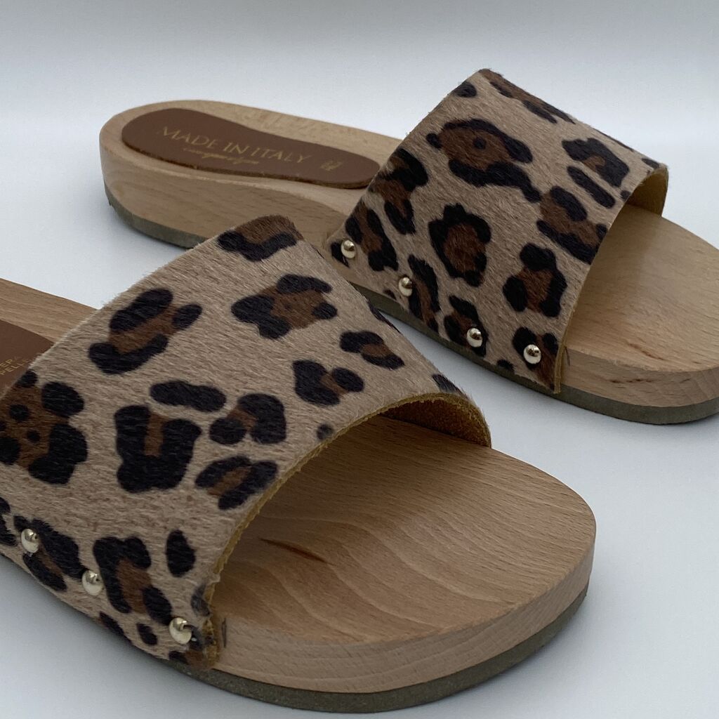 Leopard Print Slide Sandals with Wooden Sole