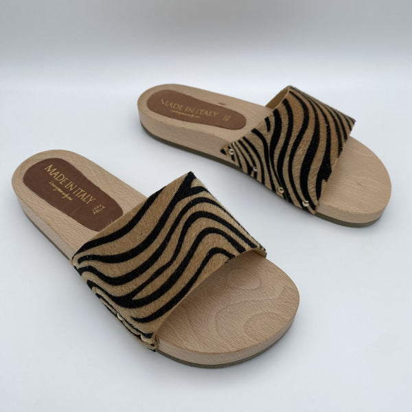 Tan Animal Print Slide Sandals with Wooden Sole
