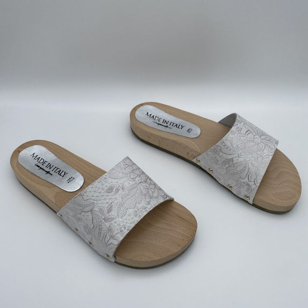 Beige Embossed Slide Sandals with Wooden Sole