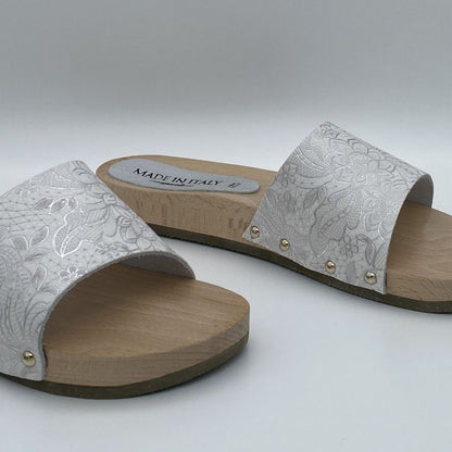 Beige Embossed Slide Sandals with Wooden Sole