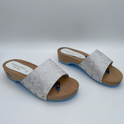 Silver Embossed Slide Sandals with Wooden Heel