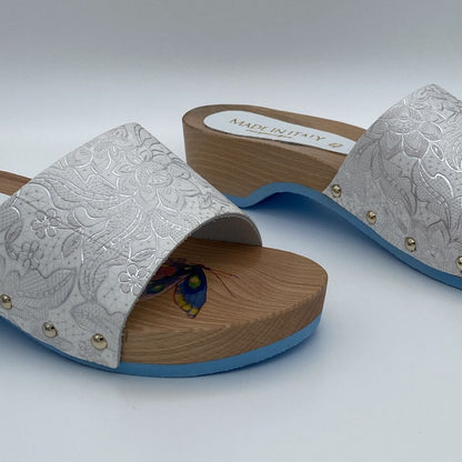 Silver Embossed Slide Sandals with Wooden Heel