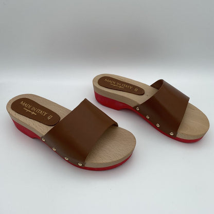 Brown Leather Slide Sandals with Wooden Platform