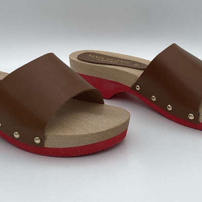 Brown Leather Slide Sandals with Wooden Platform