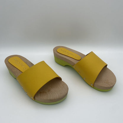 Bright Yellow Leather Slide Sandals with Wood Platform