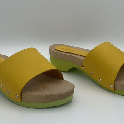 Bright Yellow Leather Slide Sandals with Wood Platform