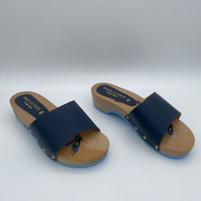 Navy Wood Platform Slides with Rivet Detail