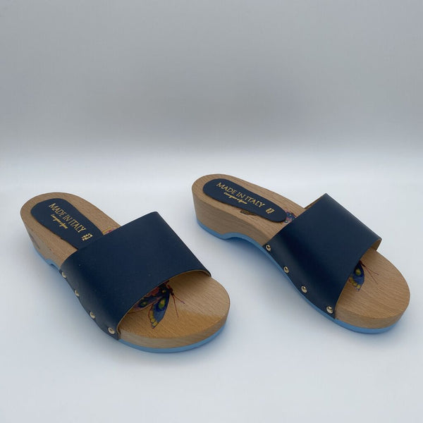 Navy Wood Platform Slides with Rivet Detail