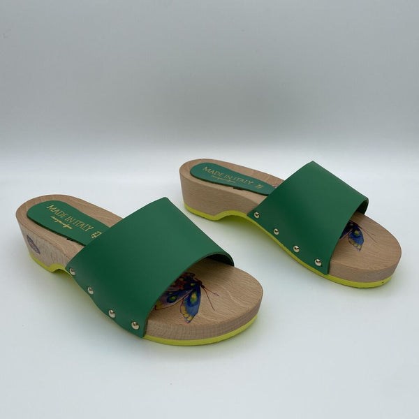 Green Slide Sandals with Wooden Sole and Butterfly Detail