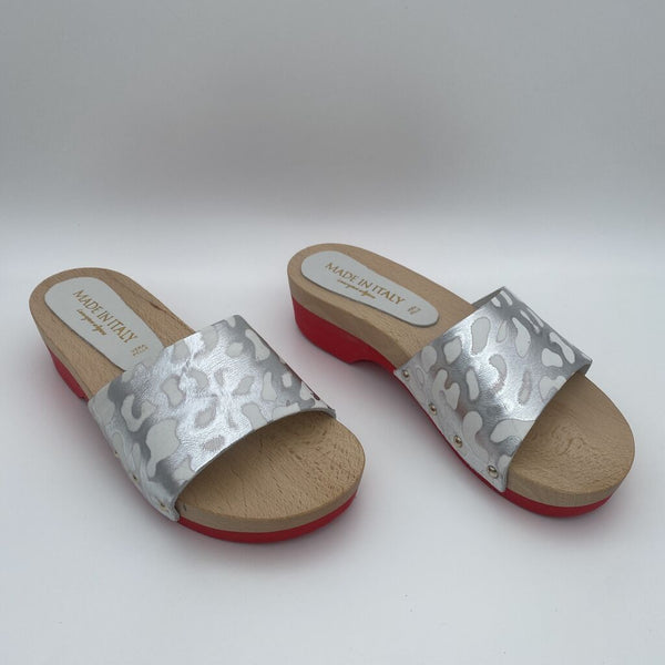 Silver Abstract Wedge Sandals with Red Sole