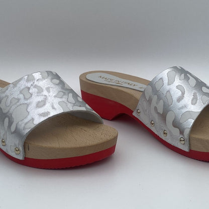 Silver Abstract Wedge Sandals with Red Sole