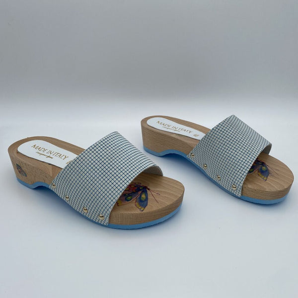 Blue Checkered Wooden Platform Sandals
