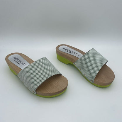 Green Geometric Slide Sandals with Wooden Sole