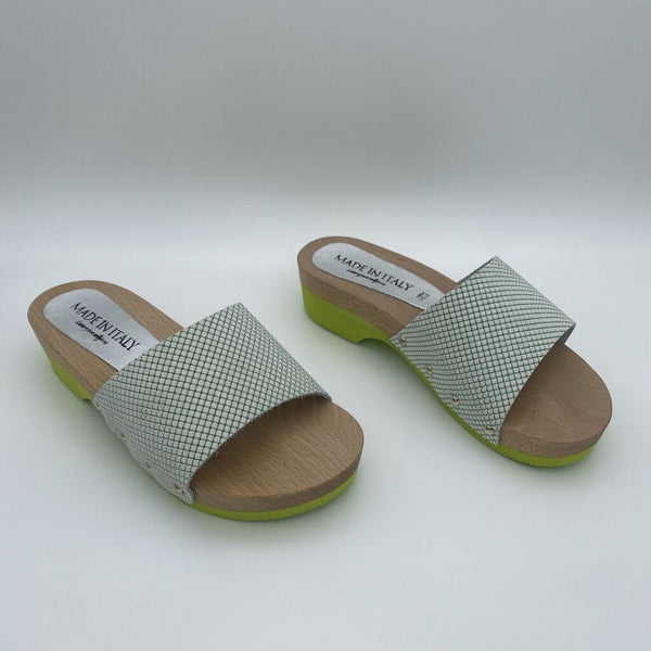 Green Geometric Slide Sandals with Wooden Sole