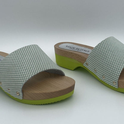 Green Geometric Slide Sandals with Wooden Sole