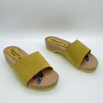 Yellow Suede Slide Sandals with Wooden Sole
