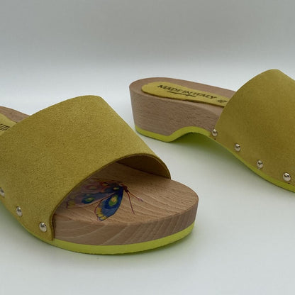 Yellow Suede Slide Sandals with Wooden Sole