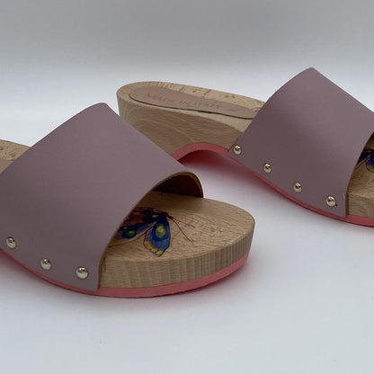 Pink Wooden Slide Sandals with Stud Detail