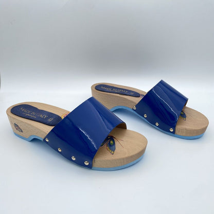 Royal Blue Patent Slide Sandals with Wooden Sole