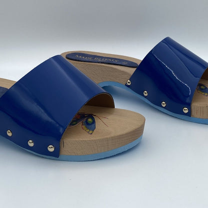 Royal Blue Patent Slide Sandals with Wooden Sole