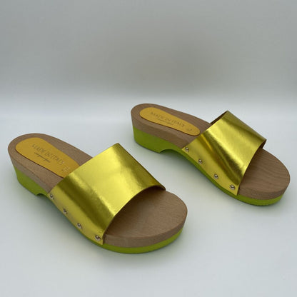 Yellow Metallic Slide Sandals with Wooden Sole