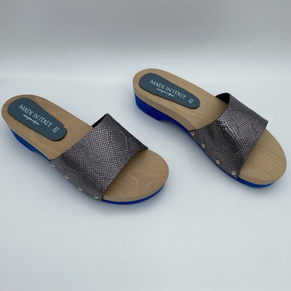 Graphite Snakeskin Slide Sandals with Wood Finish