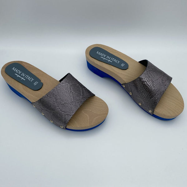 Graphite Snakeskin Slide Sandals with Wood Finish