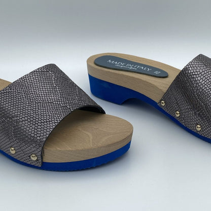 Graphite Snakeskin Slide Sandals with Wood Finish