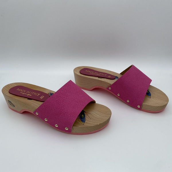 Pink Textured Woven Slide Sandals with Wooden Sole