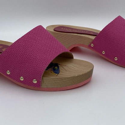 Pink Textured Woven Slide Sandals with Wooden Sole