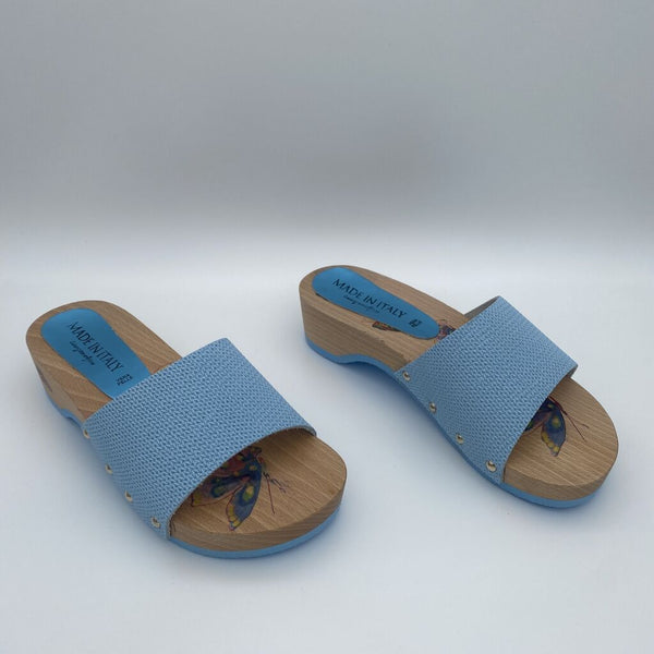 Blue Woven Slide Sandals with Wood Accents