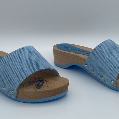 Blue Woven Slide Sandals with Wood Accents