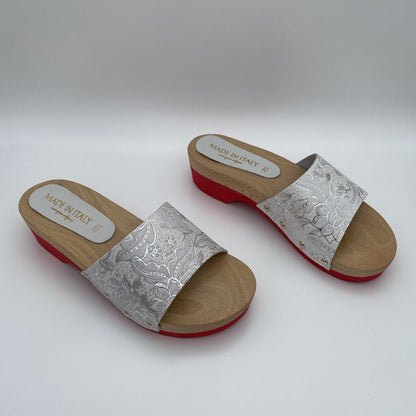 Silver Embossed Slide Sandals with Red Soles
