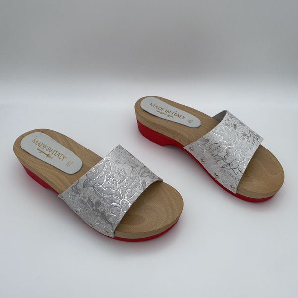 Silver Embossed Slide Sandals with Red Soles