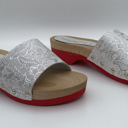 Silver Embossed Slide Sandals with Red Soles