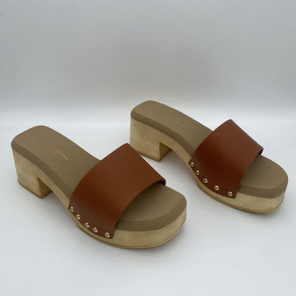 Brown Leather Block Heel Sandals with Stud Accents