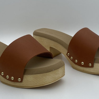 Brown Leather Block Heel Sandals with Stud Accents