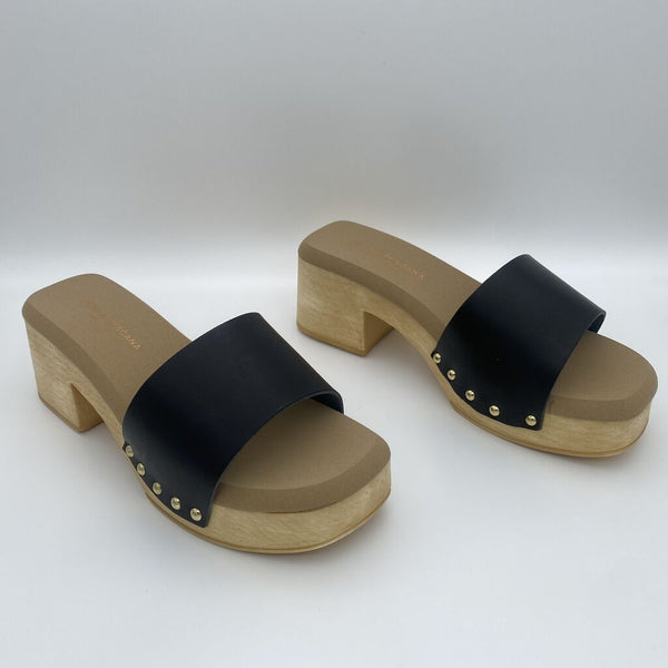 Black Slide Wooden Heeled Sandals with Stud Detail