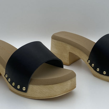 Black Slide Wooden Heeled Sandals with Stud Detail
