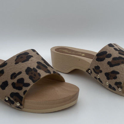 Leopard Print Slide Sandals with Wooden Heel